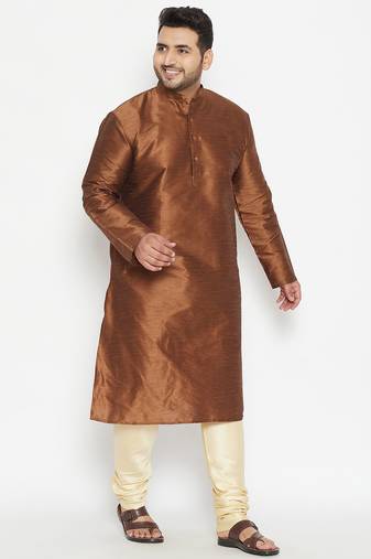 Men's coffee brown and gold silk blend kurta pyjama set