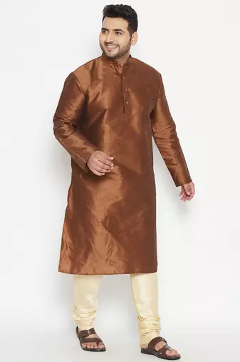 Men's coffee brown and gold silk blend kurta pyjama set