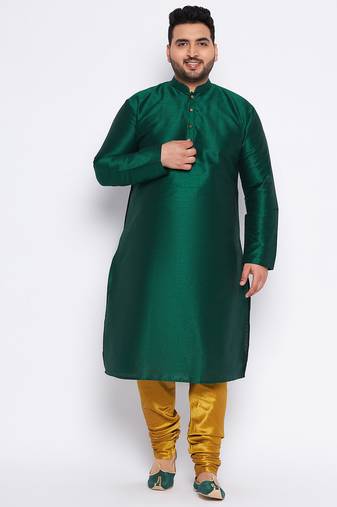 Men's bottle green and mustard silk blend kurta pyjama set