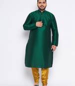 Men's bottle green and mustard silk blend kurta pyjama set