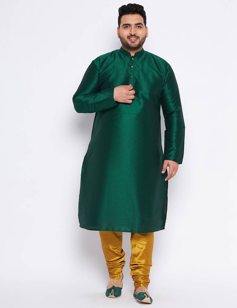 Men's bottle green and mustard silk blend kurta pyjama set