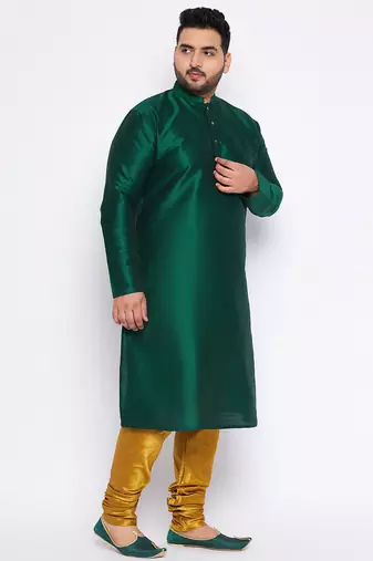 Men's bottle green and mustard silk blend kurta pyjama set