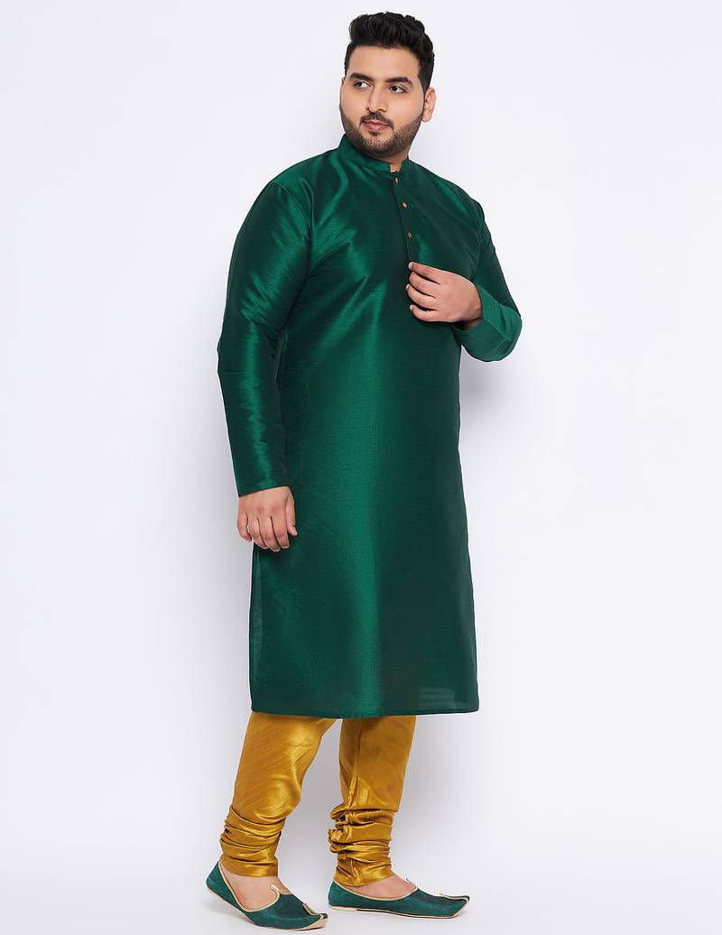 Men's bottle green and mustard silk blend kurta pyjama set