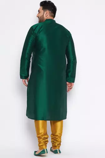Men's bottle green and mustard silk blend kurta pyjama set
