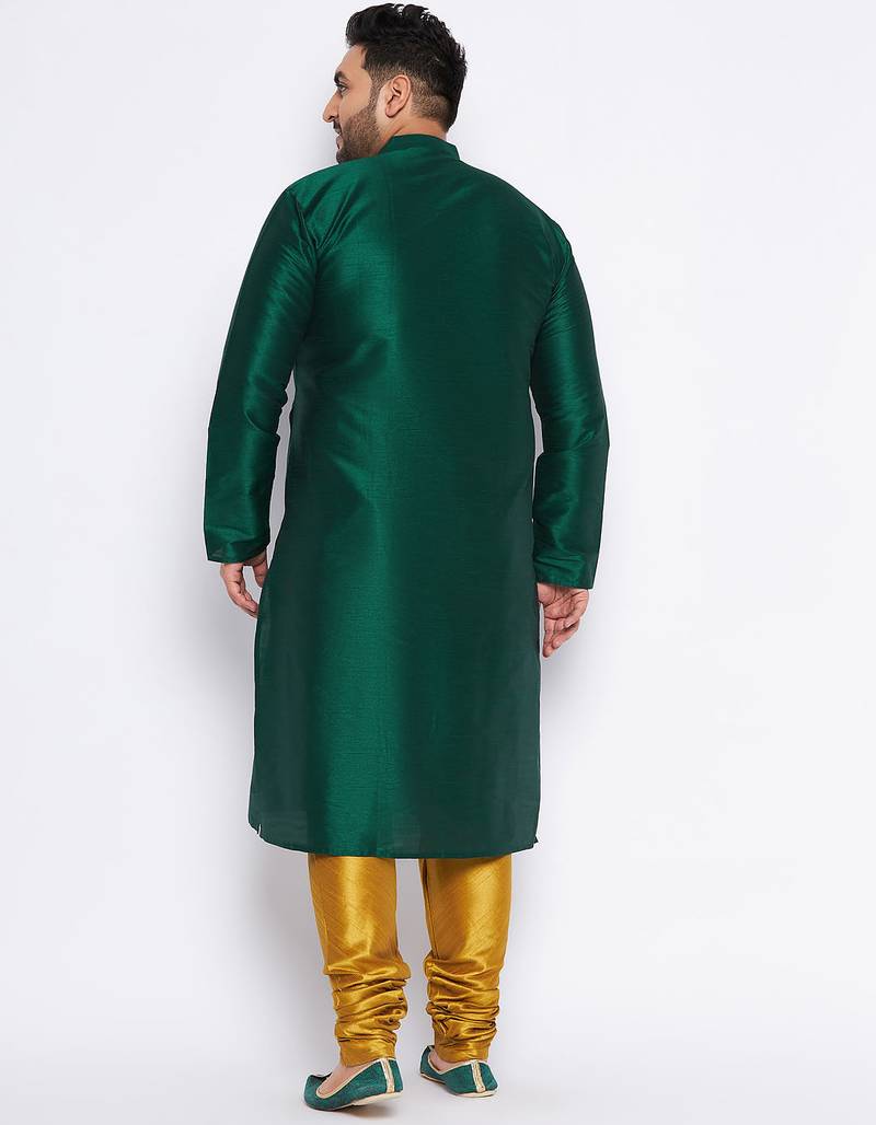 Men's bottle green and mustard silk blend kurta pyjama set