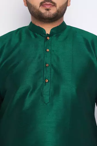 Men's bottle green and mustard silk blend kurta pyjama set