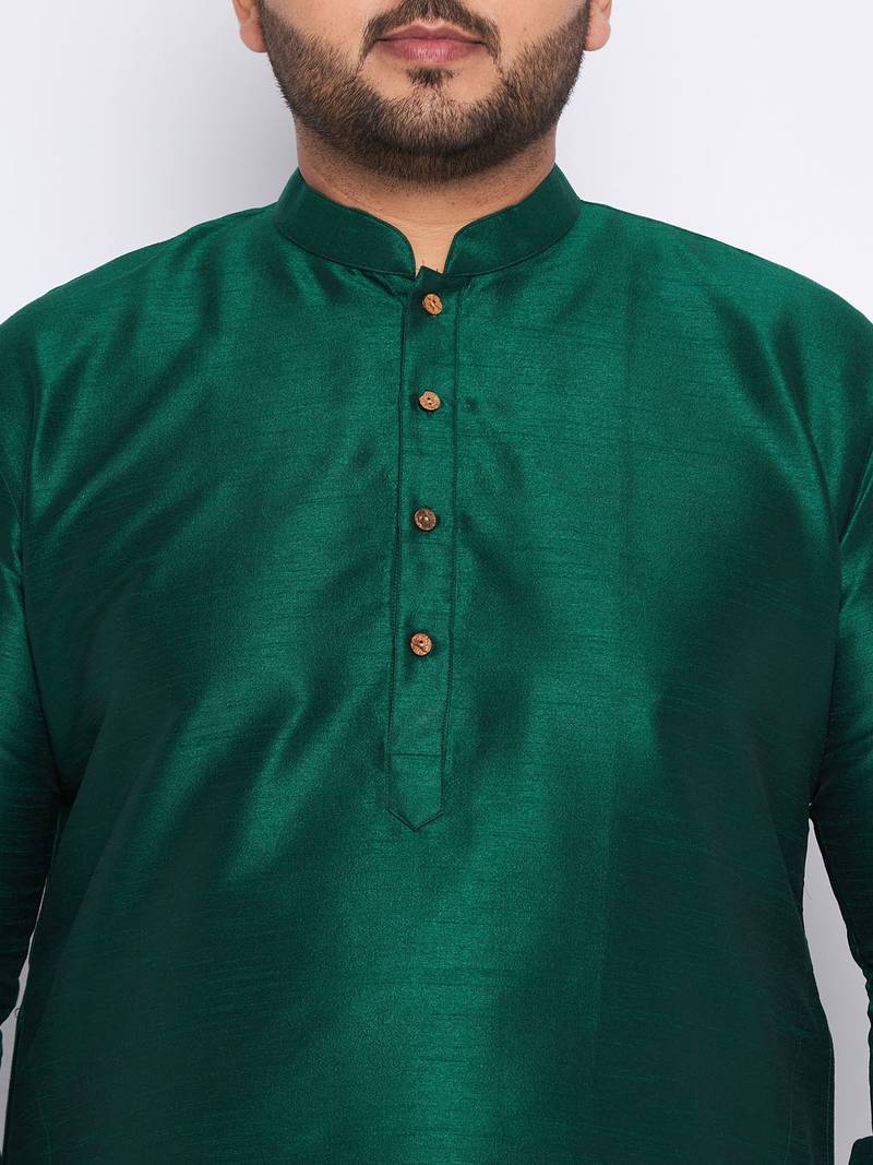 Men's bottle green and mustard silk blend kurta pyjama set