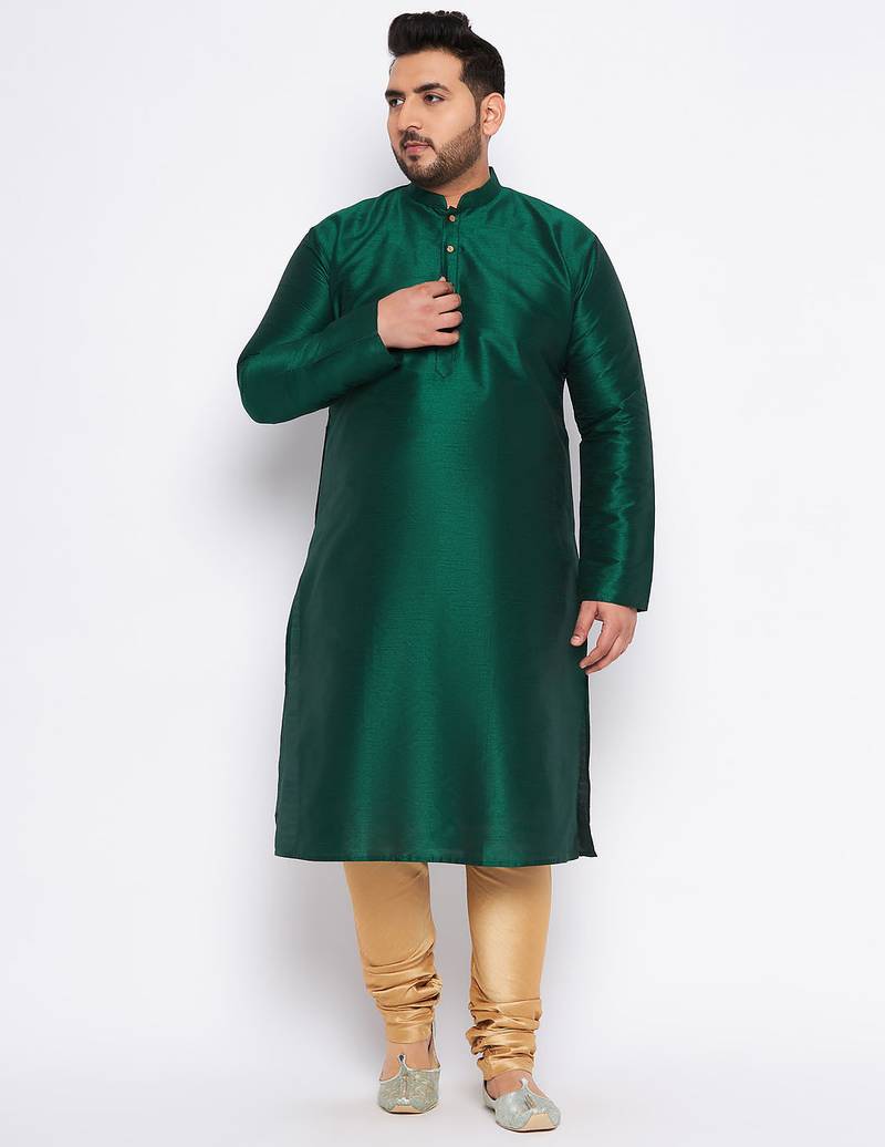Men's bottle green silk blend kurta pyjama set