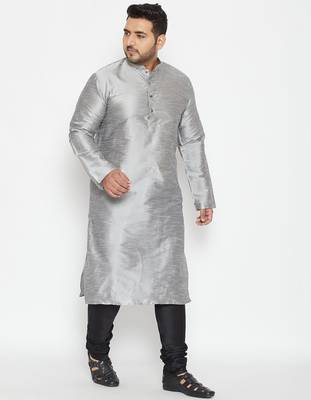 Men's grey and black silk blend kurta pyjama set 1