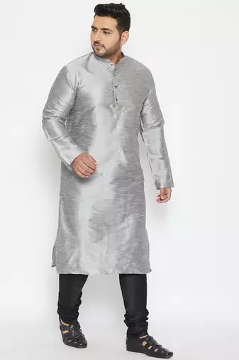 Men's grey and black silk blend kurta pyjama set