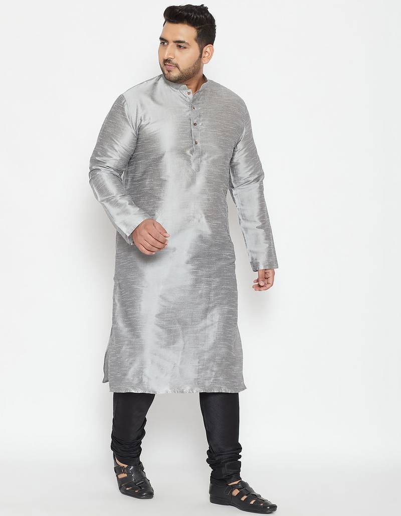 Men's grey and black silk blend kurta pyjama set