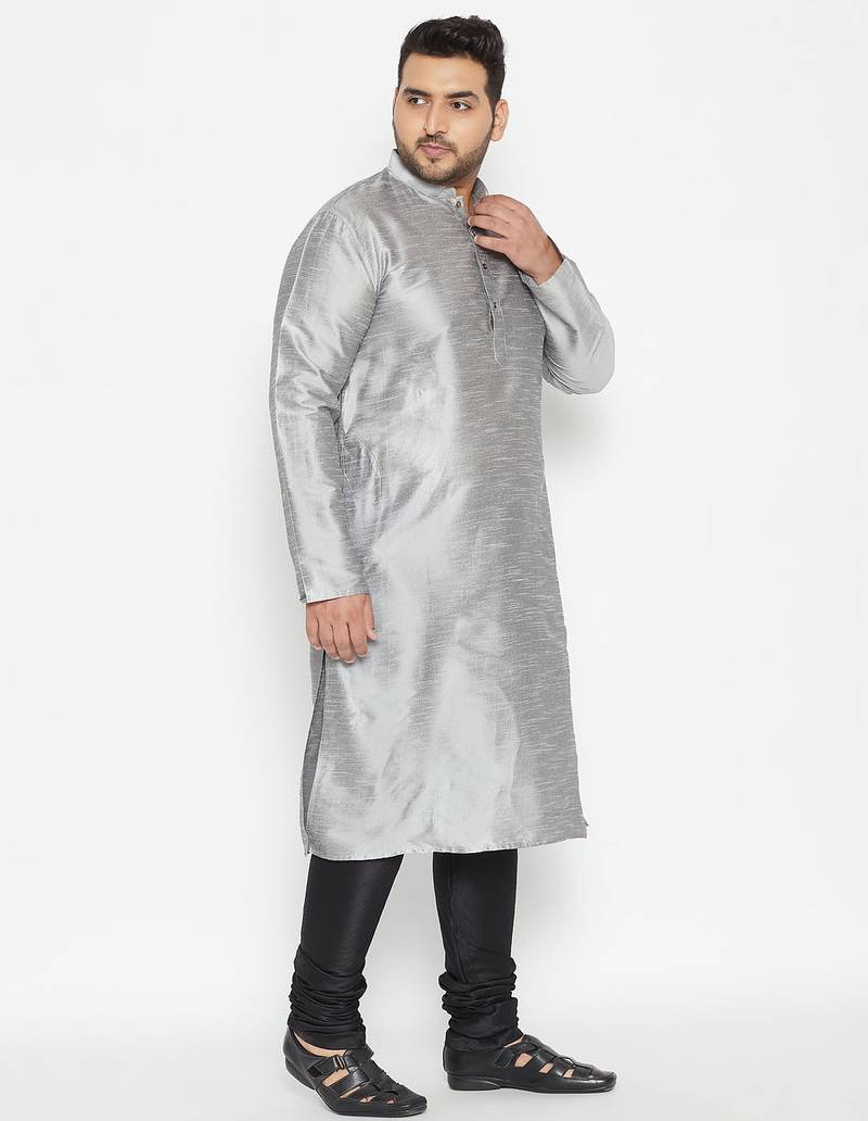 Men's grey and black silk blend kurta pyjama set