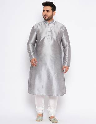 Men's grey silk blend kurta pyjama set 1