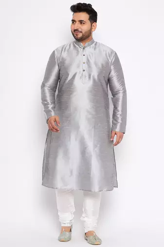 Men's grey silk blend kurta pyjama set