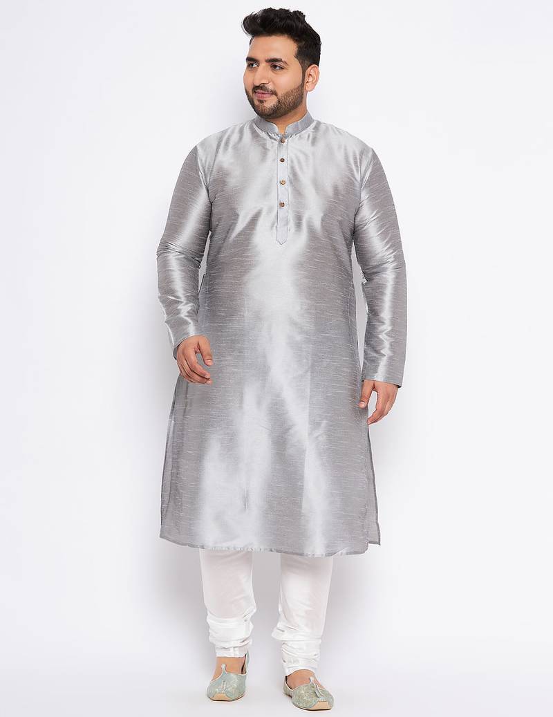 Men's grey silk blend kurta pyjama set