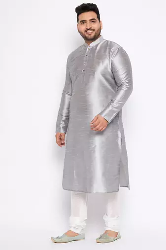 Men's grey silk blend kurta pyjama set