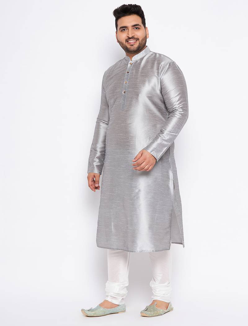 Men's grey silk blend kurta pyjama set