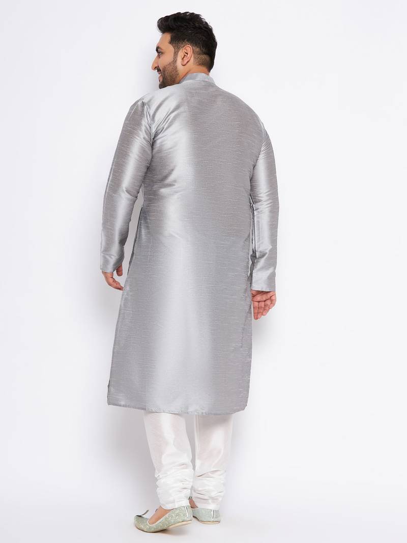 Men's grey silk blend kurta pyjama set