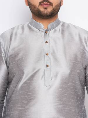 Men's grey silk blend kurta pyjama set 4