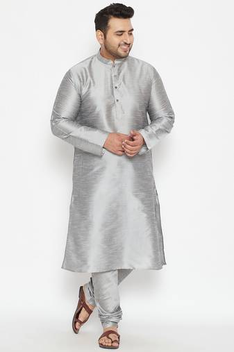Men's grey silk blend kurta pyjama set