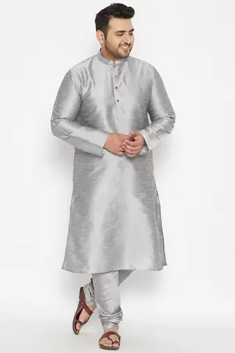 Men's grey silk blend kurta pyjama set