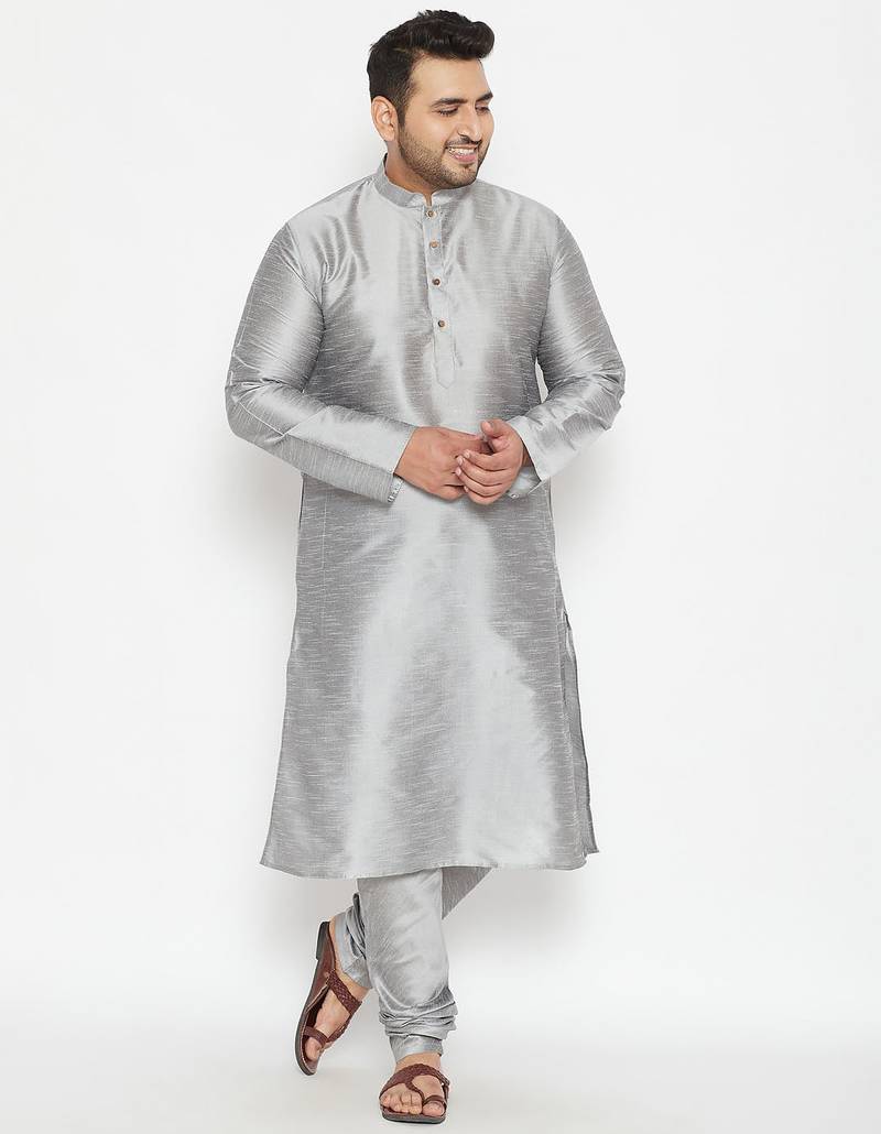 Men's grey silk blend kurta pyjama set