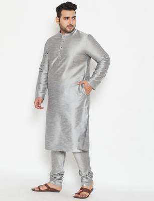 Men's grey silk blend kurta pyjama set 2