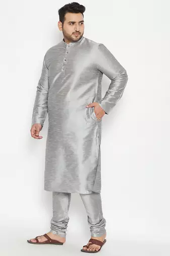 Men's grey silk blend kurta pyjama set
