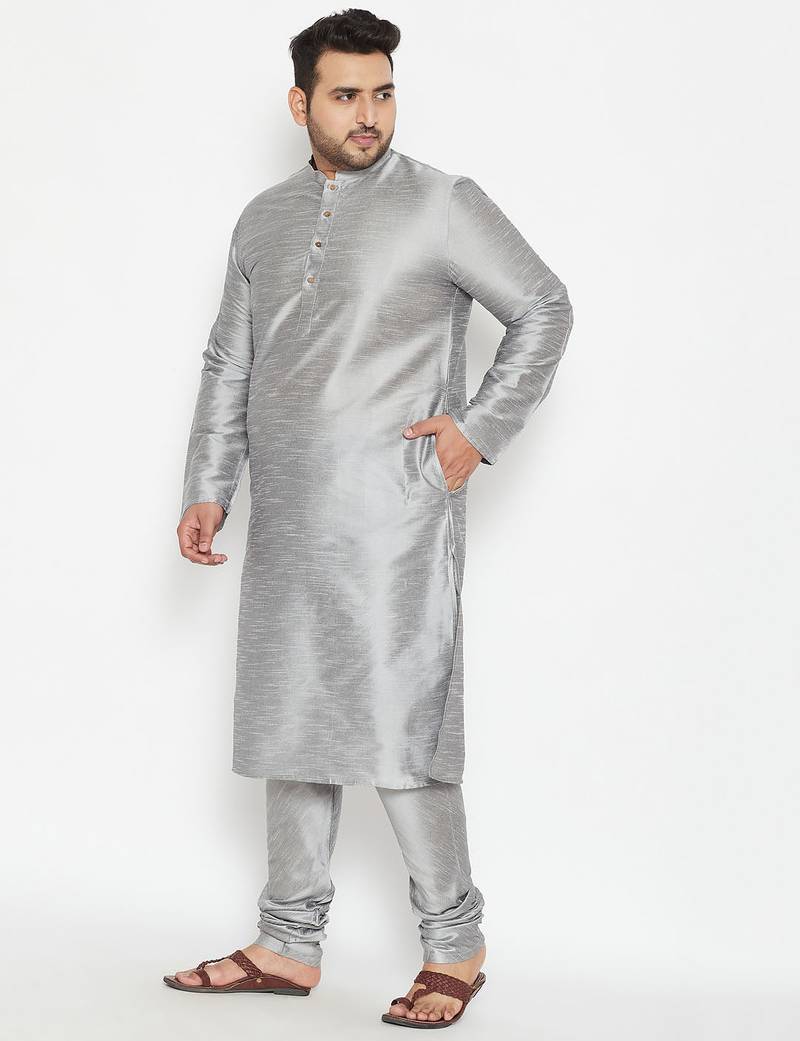 Men's grey silk blend kurta pyjama set