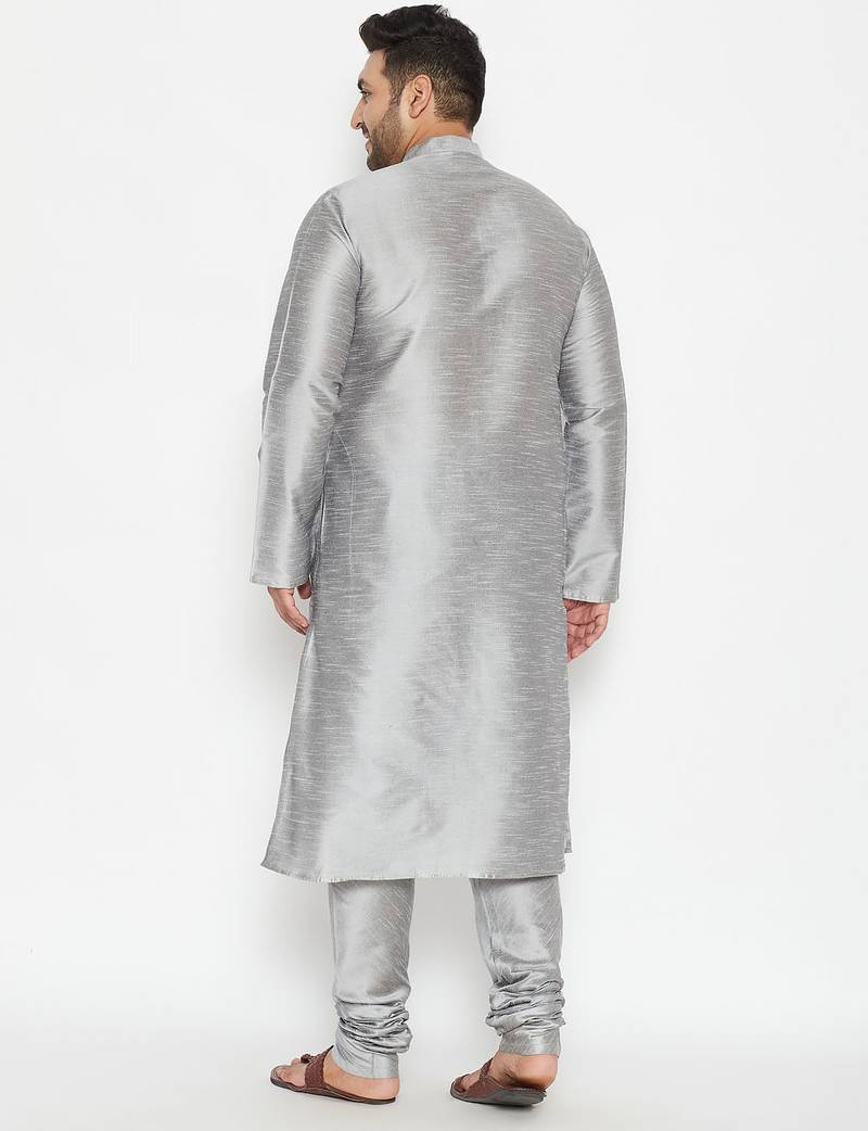 Men's grey silk blend kurta pyjama set
