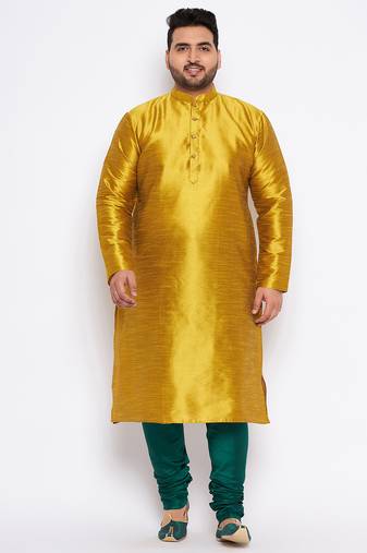 Men's mustard and bottle green silk blend kurta pyjama set