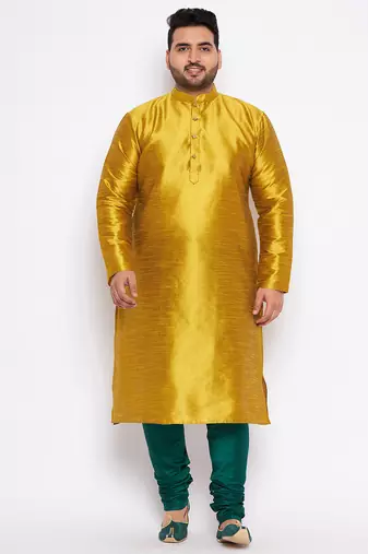 Men's mustard and bottle green silk blend kurta pyjama set
