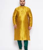 Men's mustard and bottle green silk blend kurta pyjama set