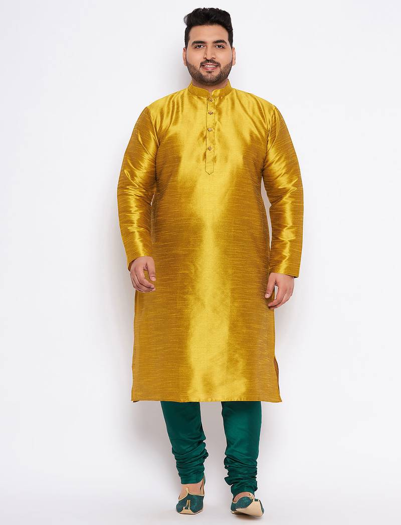 Men's mustard and bottle green silk blend kurta pyjama set