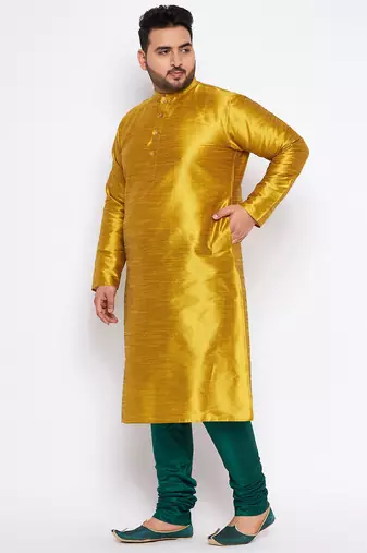 Men's mustard and bottle green silk blend kurta pyjama set
