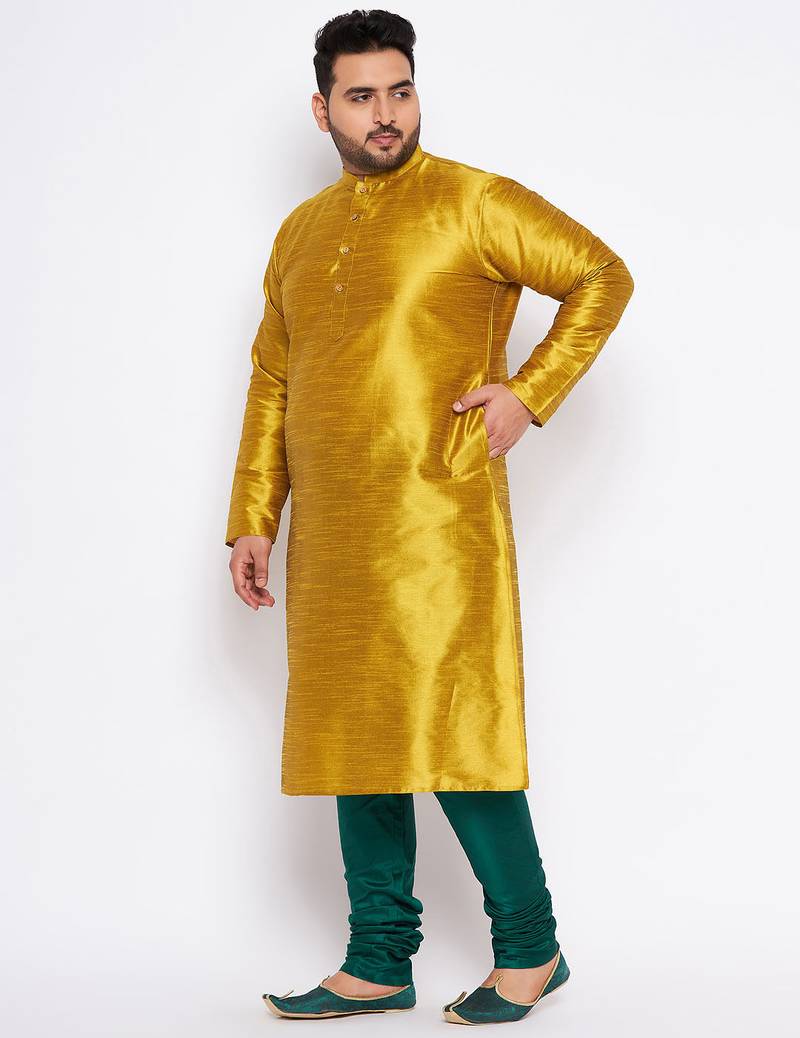 Men's mustard and bottle green silk blend kurta pyjama set