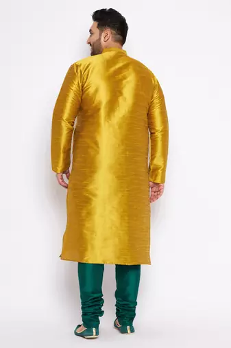 Men's mustard and bottle green silk blend kurta pyjama set