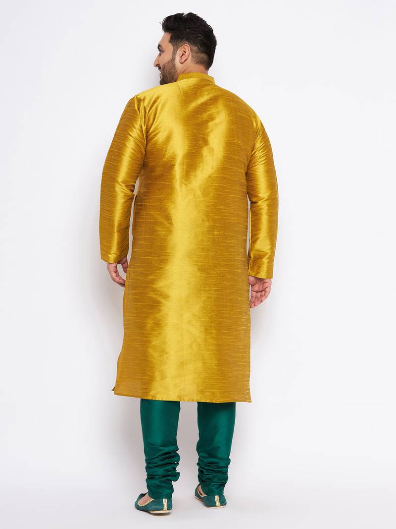 Men's mustard and bottle green silk blend kurta pyjama set