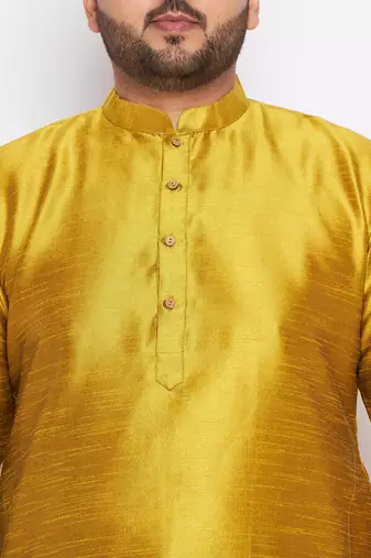 Men's mustard and bottle green silk blend kurta pyjama set