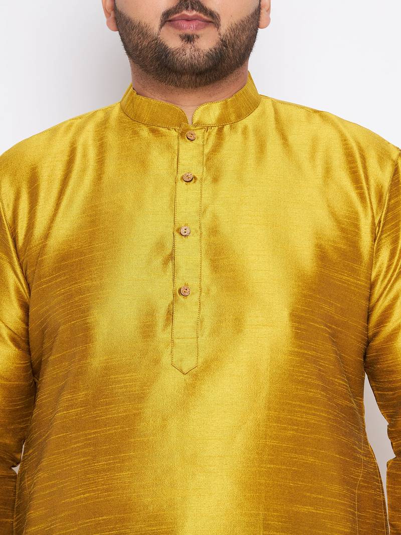 Men's mustard and bottle green silk blend kurta pyjama set