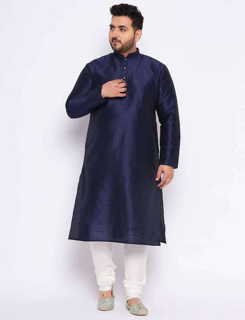 Men's navy blue silk blend kurta pyjama set