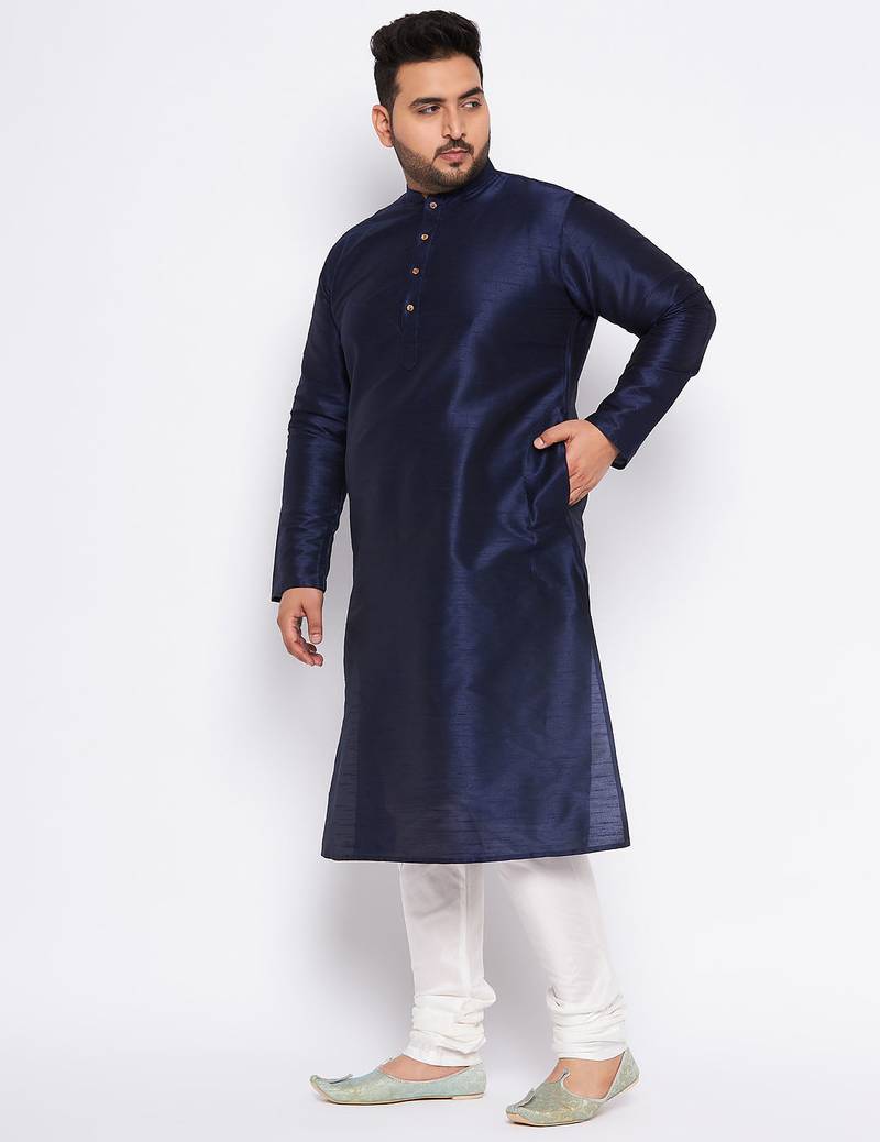Men's navy blue silk blend kurta pyjama set