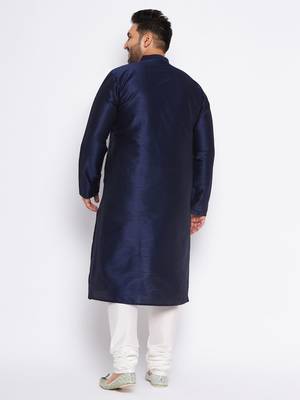 Men's navy blue silk blend kurta pyjama set 3