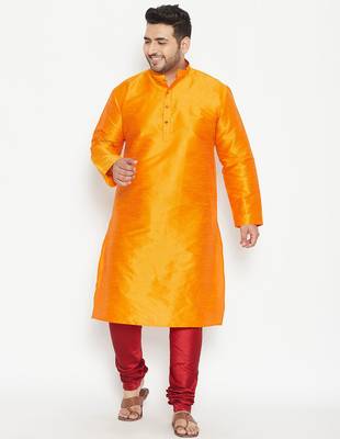Men's orange and maroon silk blend kurta pyjama set 1
