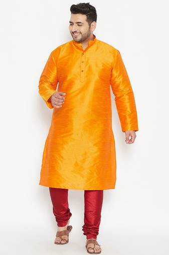 Men's orange and maroon silk blend kurta pyjama set