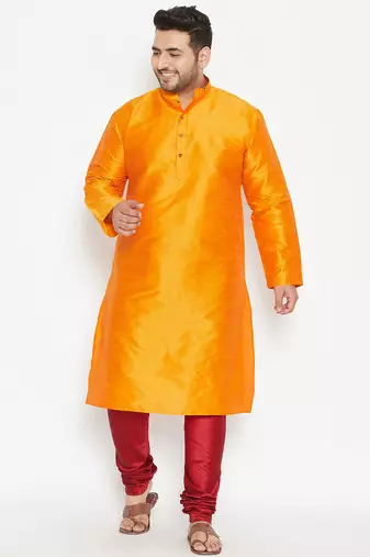 Men's orange and maroon silk blend kurta pyjama set