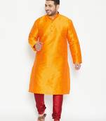 Men's orange and maroon silk blend kurta pyjama set