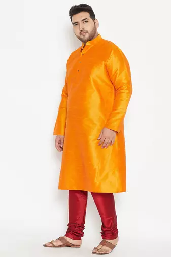Men's orange and maroon silk blend kurta pyjama set