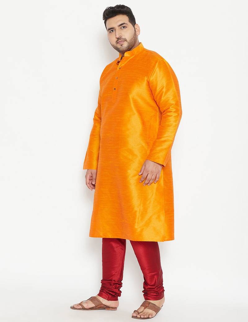 Men's orange and maroon silk blend kurta pyjama set