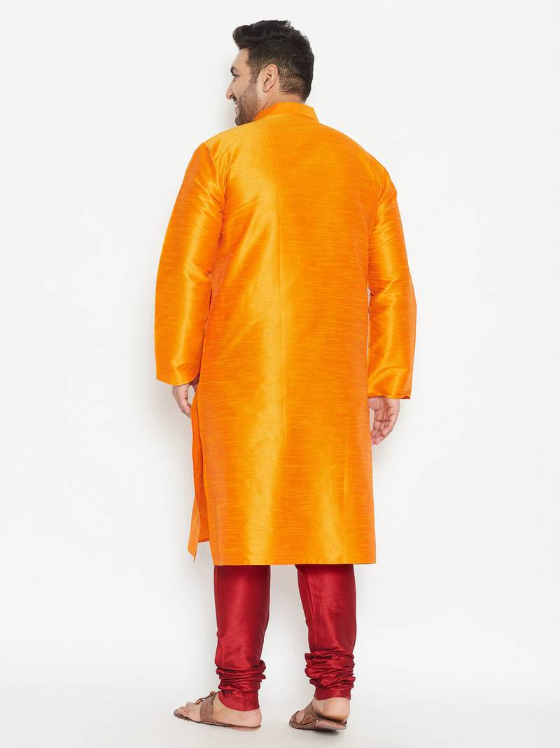 Men's orange and maroon silk blend kurta pyjama set